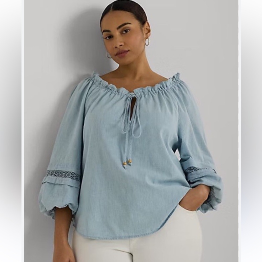 Lauren Ralph Lauren Women's Cotton Chambray Lace-Trim Blouse W2129 Plus Size 2X